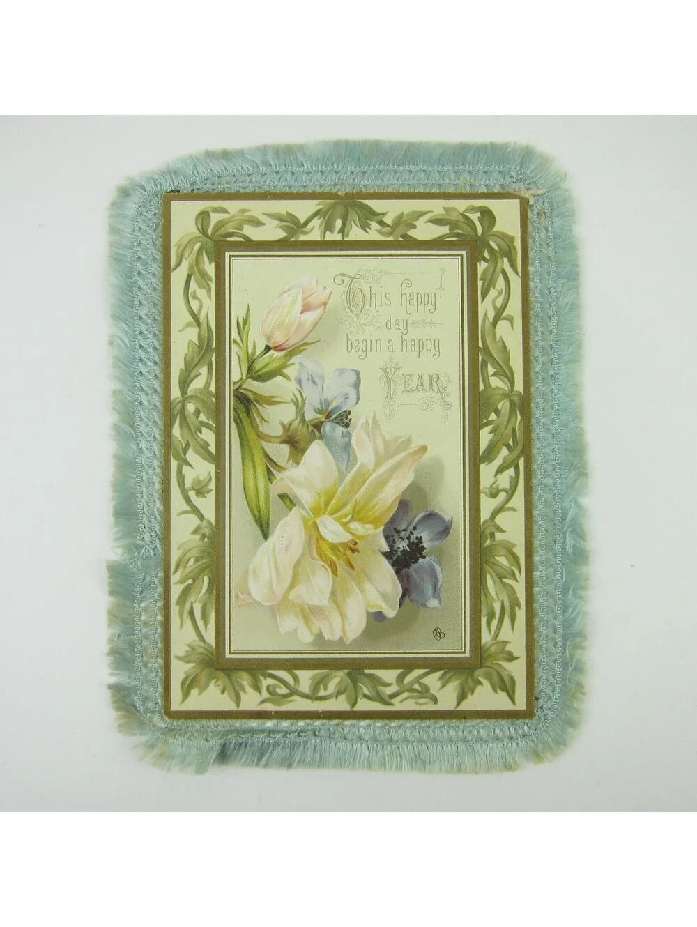 Victorian Card XL New Years Flowers Blue Silk Fringe Double Sided Antique 1886